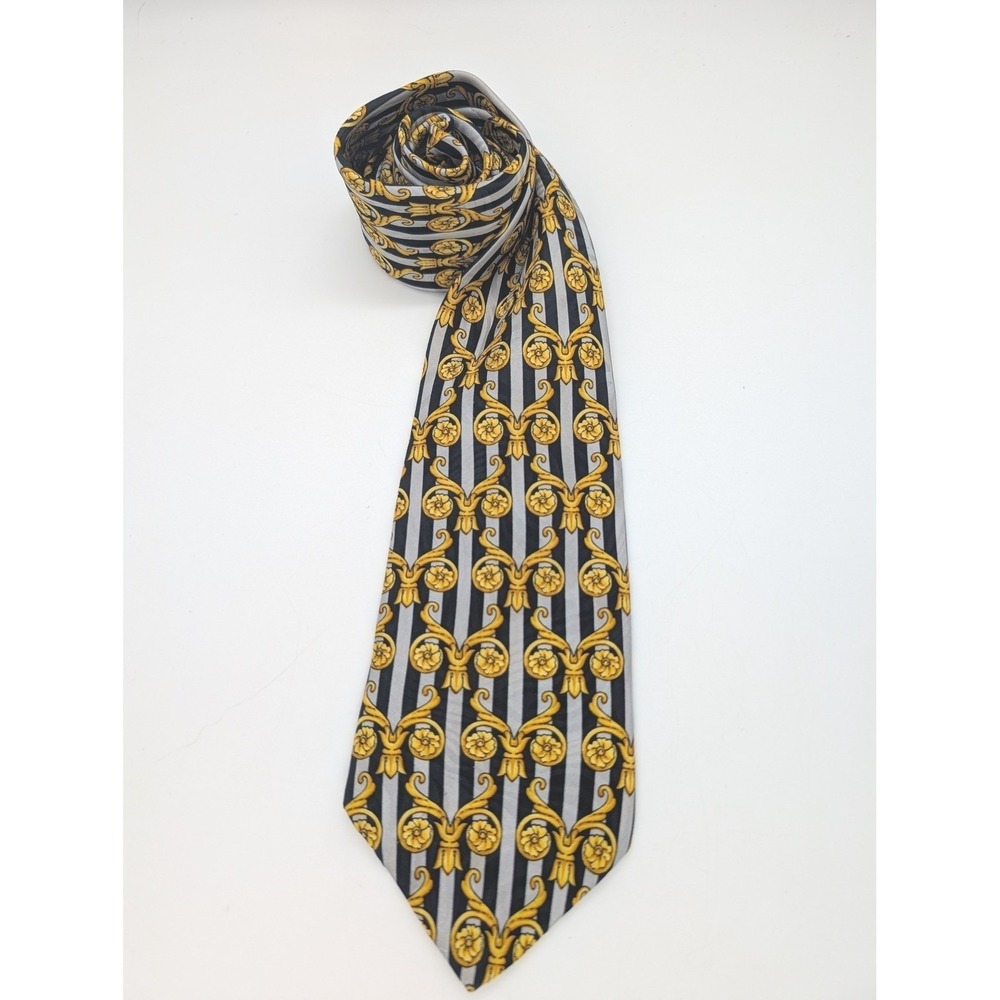 Vintage Versace Men's Medusa Silk Tie Handmade in Spain Black Gold 60"